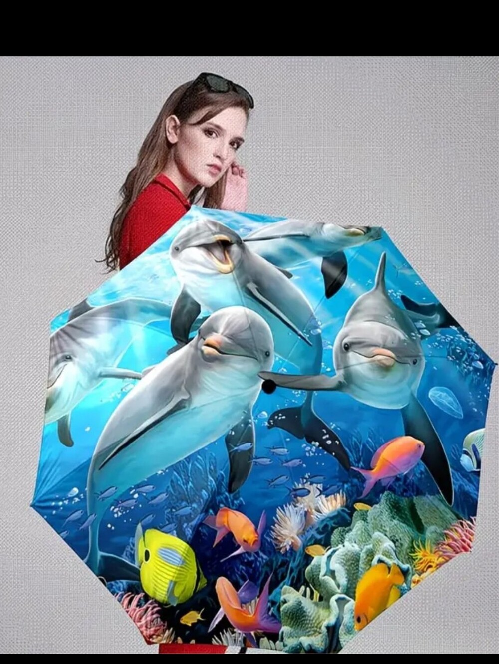 🆕️☔️🐬🐠Colorful Dolphin & Tropical Fish Compact Umbrella 🐠🐬☔️